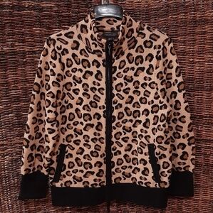 Rachel Zoe Women's Large Leopard Full Zip Knit Cardigan Sweater Coat Boho Tan
